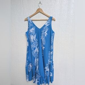 Vintage Malihini Hawaiian Blue Tropical Kawaii Babydoll Sleeveless Sun Dress Med